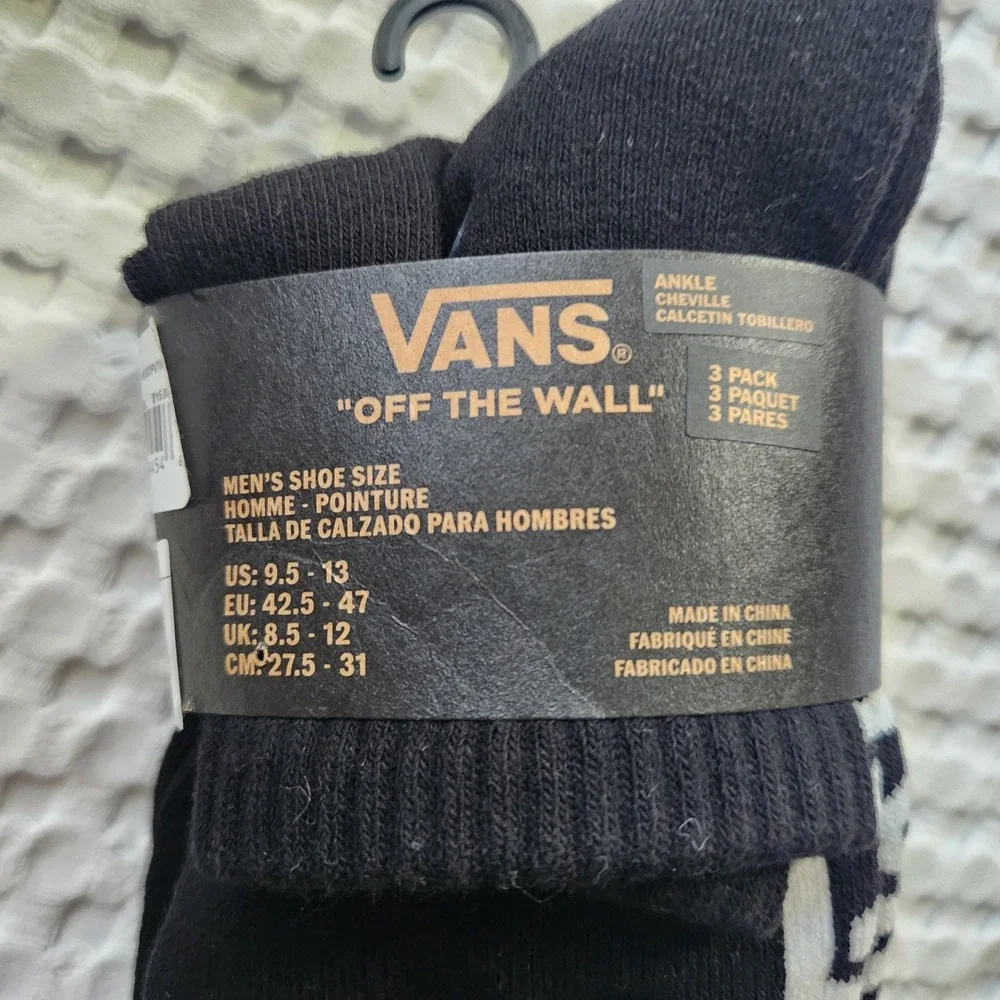Vans Off The Wall Men's Ankle Socks, Shoe Size 9.5-13, 3-Pack, Black & White New